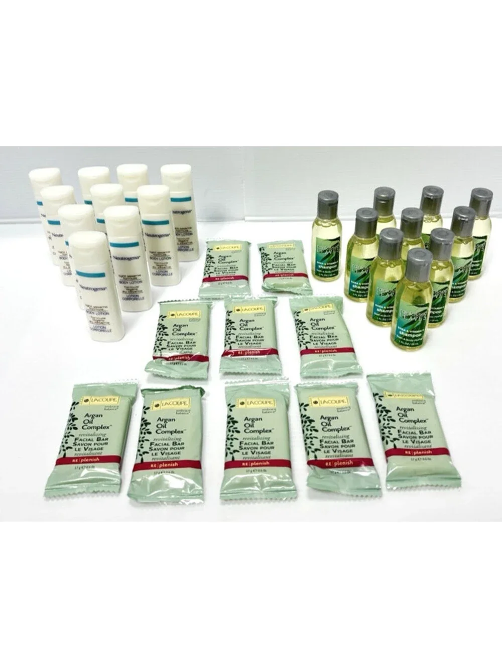 30pc Hotel Travel Size Toiletries Soap Shampoo Lotion Neutrogena Lacoupe Discon